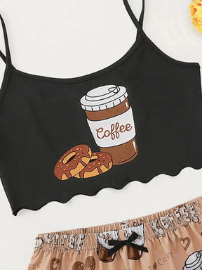 Pyjama Femme Court Shorts + Crop Top Coeurs Coffe en Coton | CozyCloud