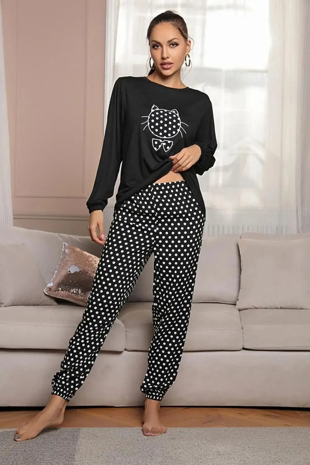 Pyjama Femme Long Pantalon + Chemise à Manches Longues Chaton en Coton | CozyCloud