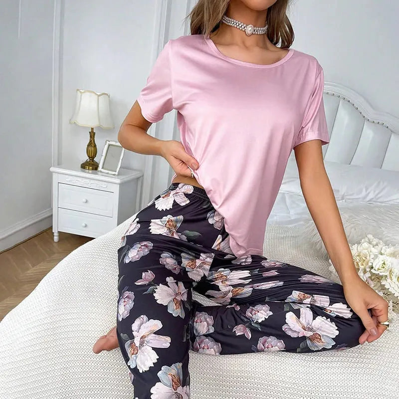 Pyjama Femme Long Pantalon + Chemise à Manches Courtes Roses en Coton | CozyCloud