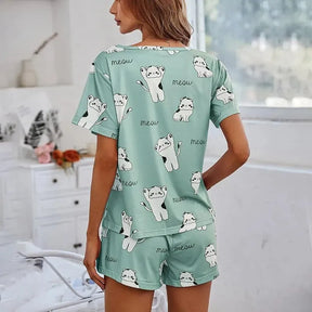 Pyjama Femme Court Shorts + Chemise à Manches Courtes Gatitos en Coton | CozyCloud