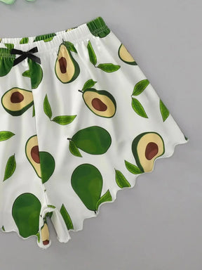 Pyjama Femme Court Shorts + Crop Top Avocat en Coton | CozyCloud