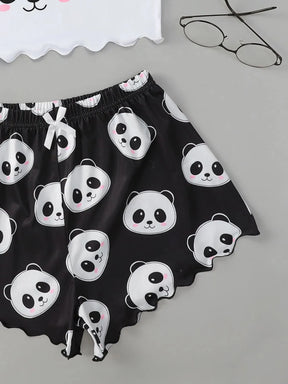 Pyjama Femme Court Shorts + Crop Top Pandas en Coton | CozyCloud