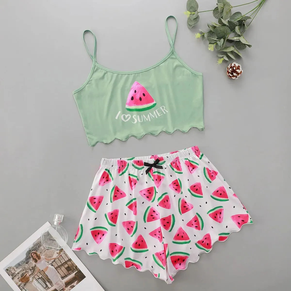 Pyjama Femme Court Shorts + Crop Top I Love Summer en Coton | CozyCloud