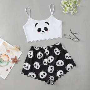 Pyjama Femme Court Shorts + Crop Top Pandas en Coton | CozyCloud