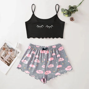 Pyjama Femme Court Shorts + Crop Top Nuages Sommeil en Coton | CozyCloud