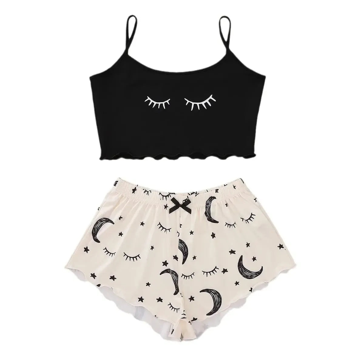 Pyjama Femme Court Shorts + Crop Top Cils en Coton | CozyCloud