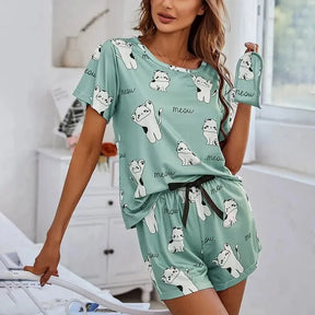 Pyjama Femme Court Shorts + Chemise à Manches Courtes Gatitos en Coton | CozyCloud