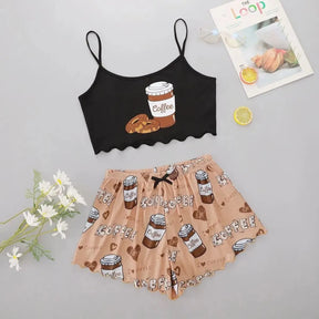 Pyjama Femme Court Shorts + Crop Top Coeurs Coffe en Coton | CozyCloud