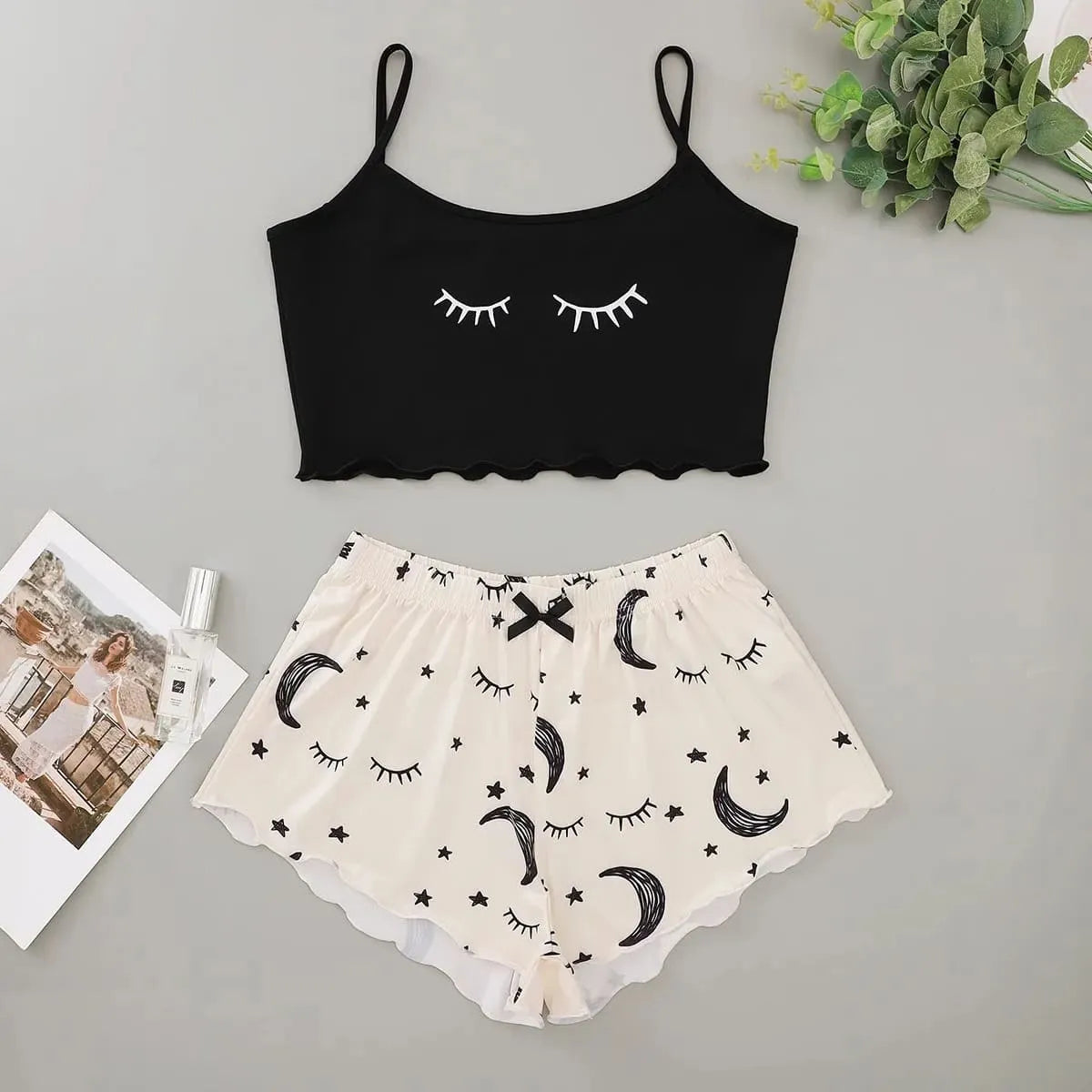 Pyjama Femme Court Shorts + Crop Top Cils en Coton | CozyCloud