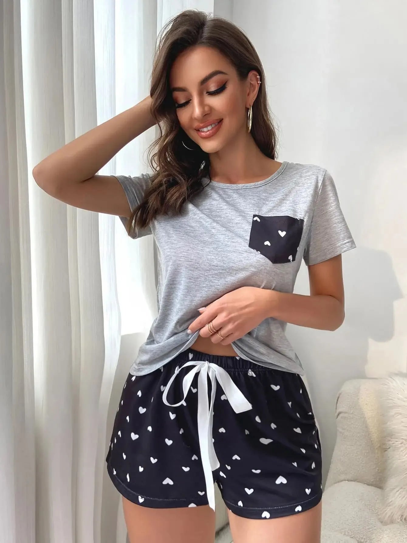 Pyjama Femme Court Shorts + Chemise á Manches Courtes Amour pour Carreaux en Coton | CozyCloud