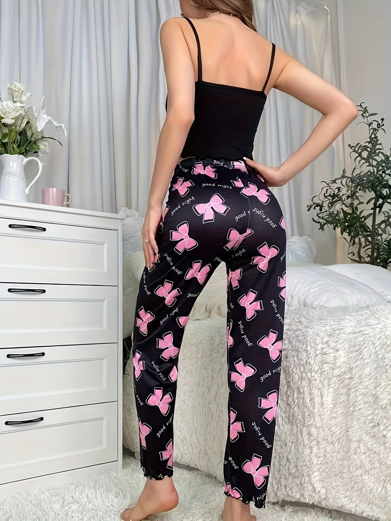 Pyjama Femme Long Pantalon + Crop Top NoeudsRoses en Satin | CozyCloud