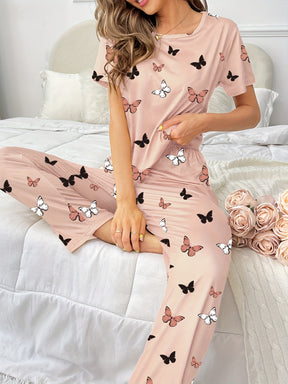 Pyjama Femme Long Pantalon + Chemise à Manches Courtes Papillons Petites en Coton | CozyCloud