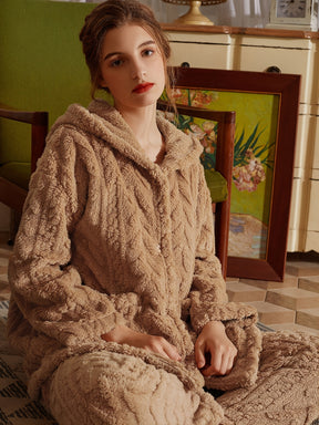 Pyjama Femme Long Pantalon + Blouse à Manches Longues avec Capuche en Peluche en Coton | CozyCloud