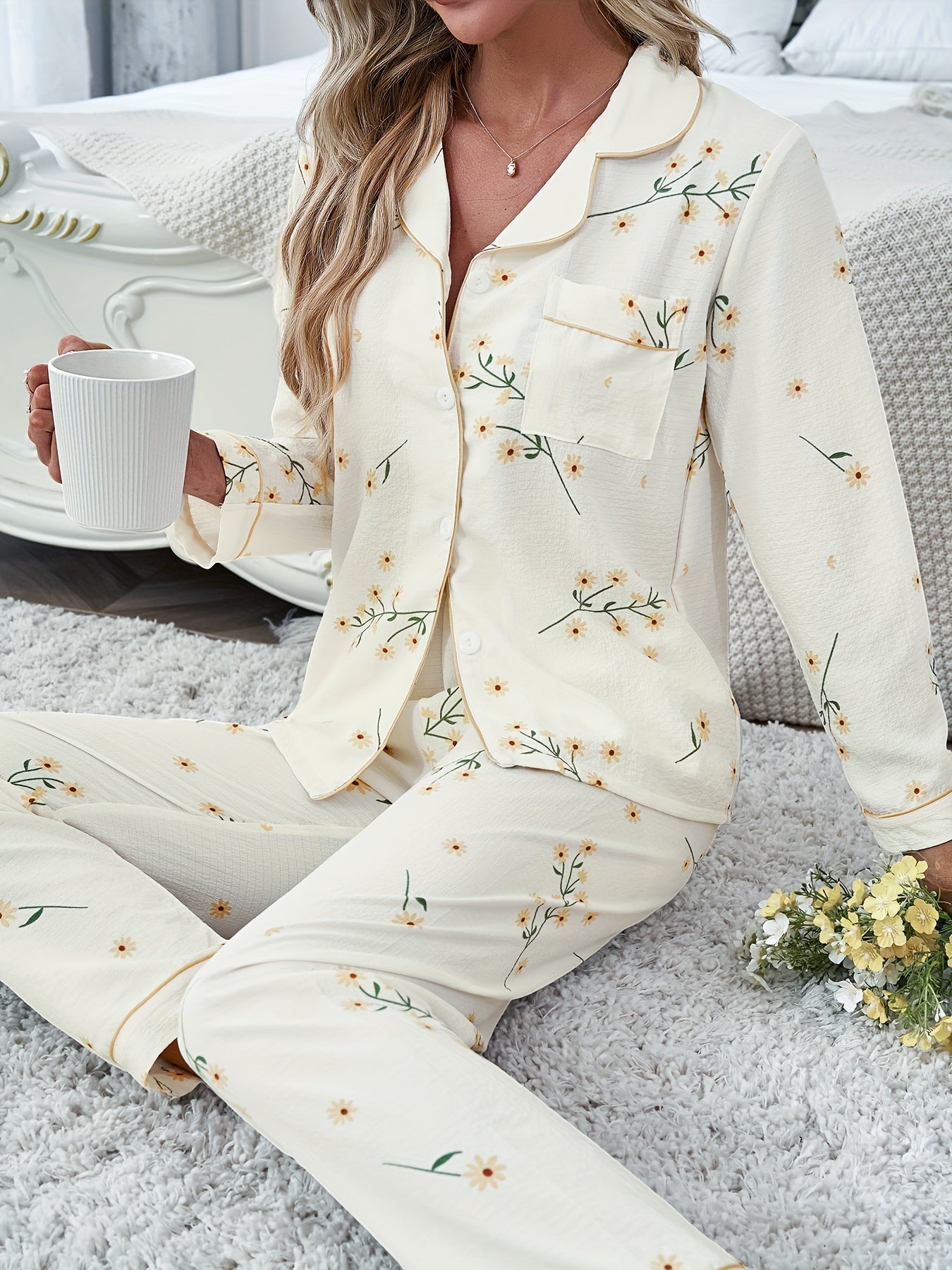 Pyjama Femme Long Pantalon + Chemise à Manches Longues Tournesols en Coton | CozyCloud