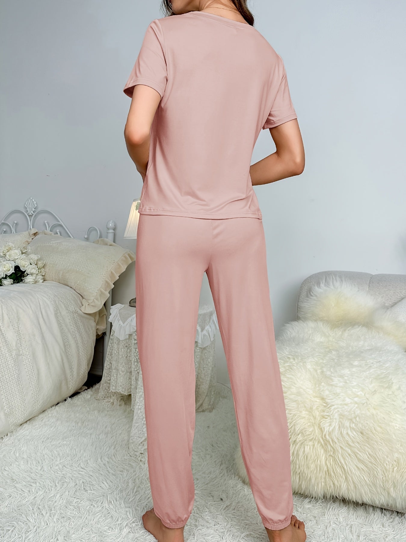 Pyjama Femme Long Pantalon + Chemise à Manches Courtes Élégance Tendre en Coton | CozyCloud