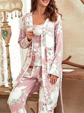 Pyjama Femme Ensemble 3 Pièces Peignoir + Pantalon + Débardeur FleursBlancs en Coton | CozyCloud