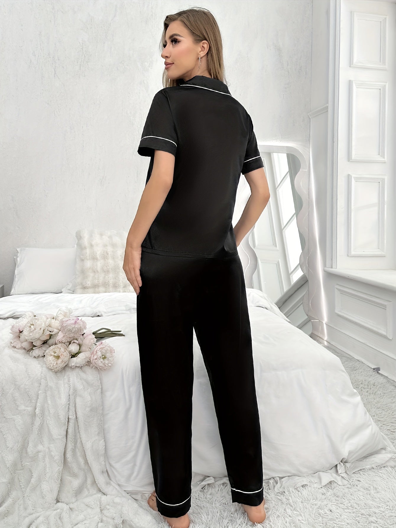 Pyjama Femme Long Pantalon + Chemise à Manches Courtes UniClasse en Satin | CozyCloud