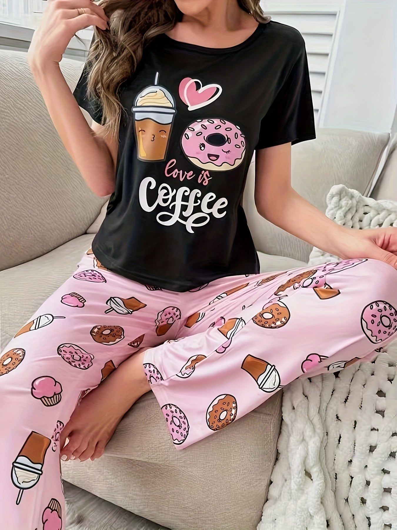 Pyjama Femme Long Pantalon + Chemise à Manches Courtes Café et Beignets en Coton | CozyCloud