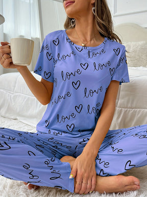 Pyjama Femme Long Pantalon + Chemise à Manches Courtes Amour L&C en Coton | CozyCloud