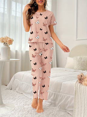 Pyjama Femme Long Pantalon + Chemise à Manches Courtes Papillons Petites en Coton | CozyCloud