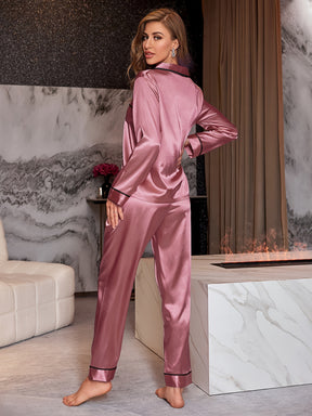 Pyjama Femme Long Pantalon + Chemise à Manches Longues Américain Uni Brillant en Satin | CozyCloud