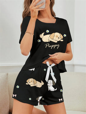 Pyjama Femme Court Shorts + Chemise à Manches Courtes Puppy en Coton | CozyCloud