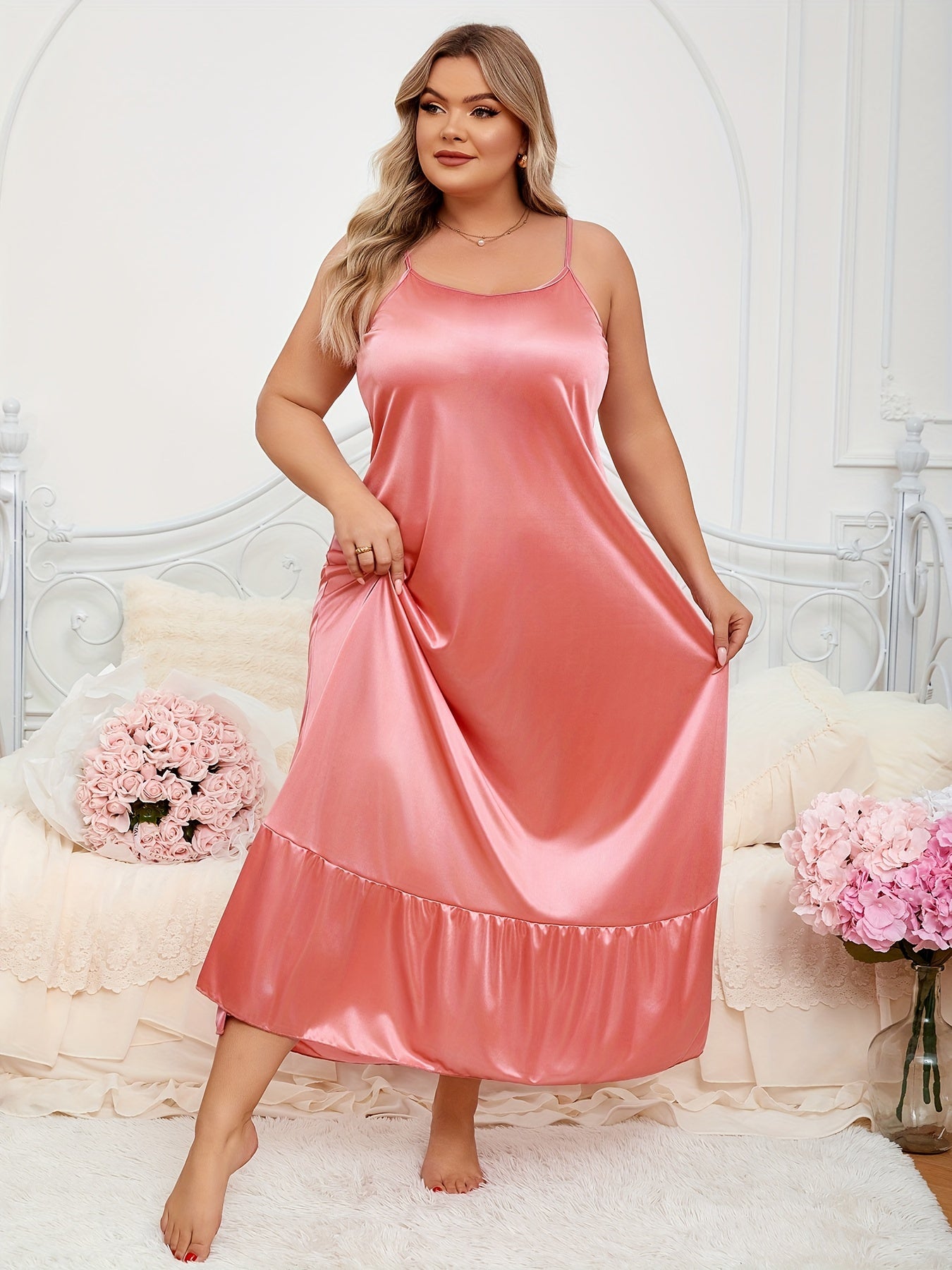 Pyjama Femme Plus Size Chemise de Nuit Fuchsia Classe en Satin | CozyCloud