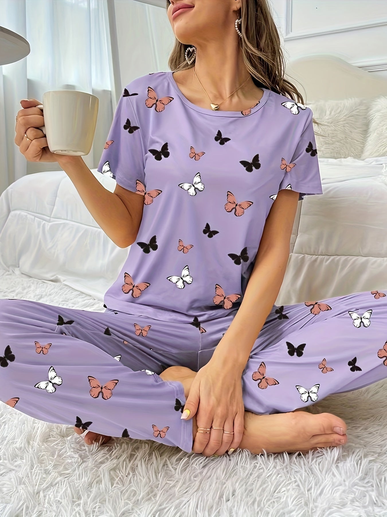 Pyjama Femme Long Pantalon + Chemise à Manches Courtes Papillons Petites en Coton | CozyCloud