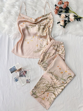 Pyjama Femme Long Pantalon + Débardeur DFleurs en Satin | CozyCloud