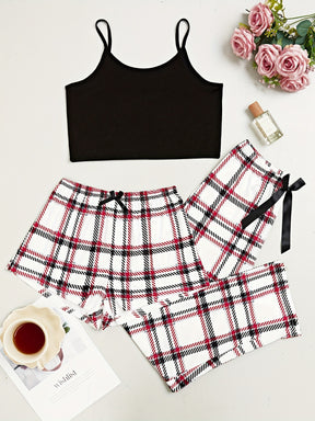 Pyjama Femme 3 Pièces Pantalon + Shorts + Crop Top Carreuax Rouge en Coton | CozyCloud