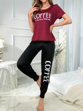 Pyjama Femme Long Pantalon + Chemise Manches Courtes Coffee en Tissu Élastique | CozyCloud